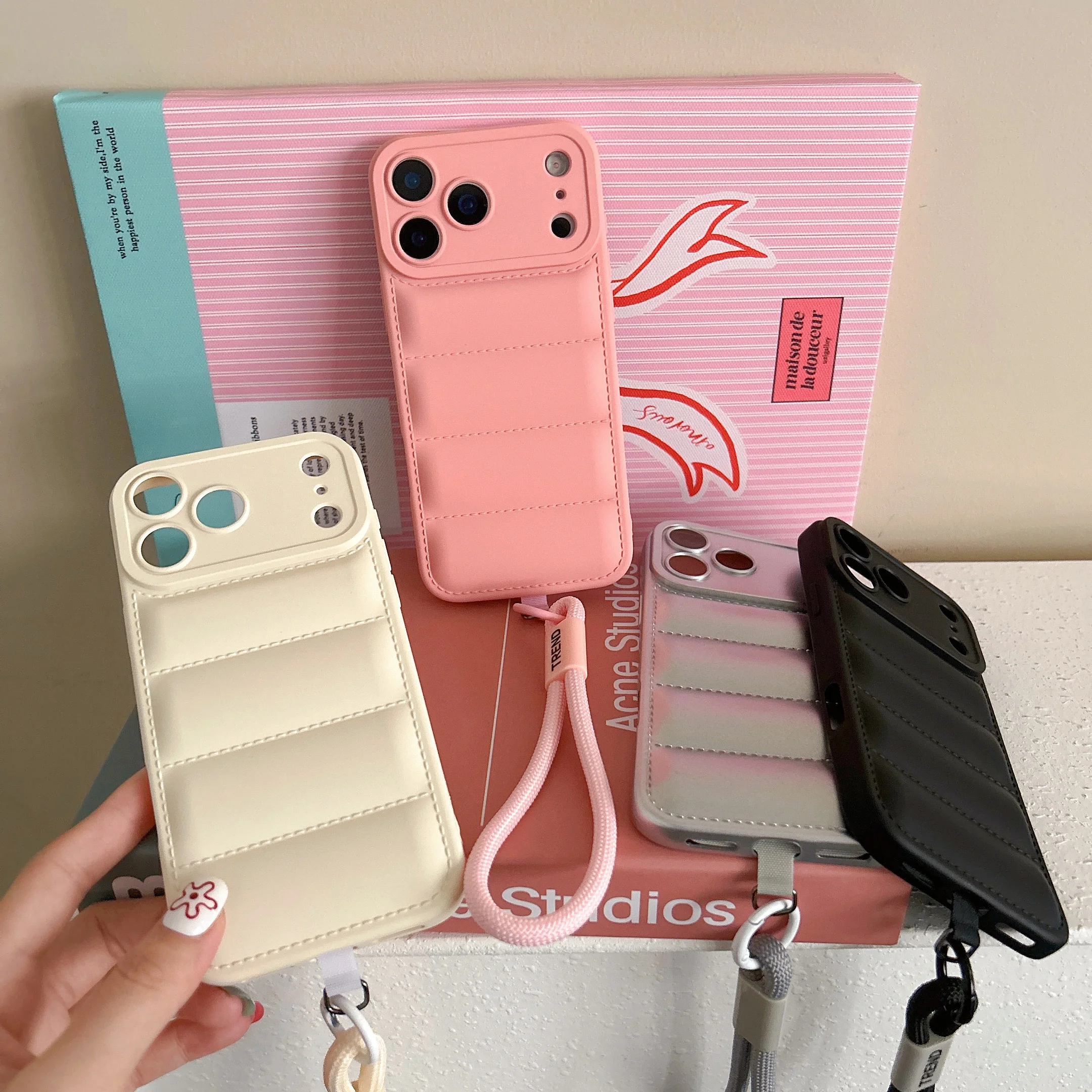Solid-Color Down Jacket-Style Phone Case – Soft Protective Case with Short Lanyard