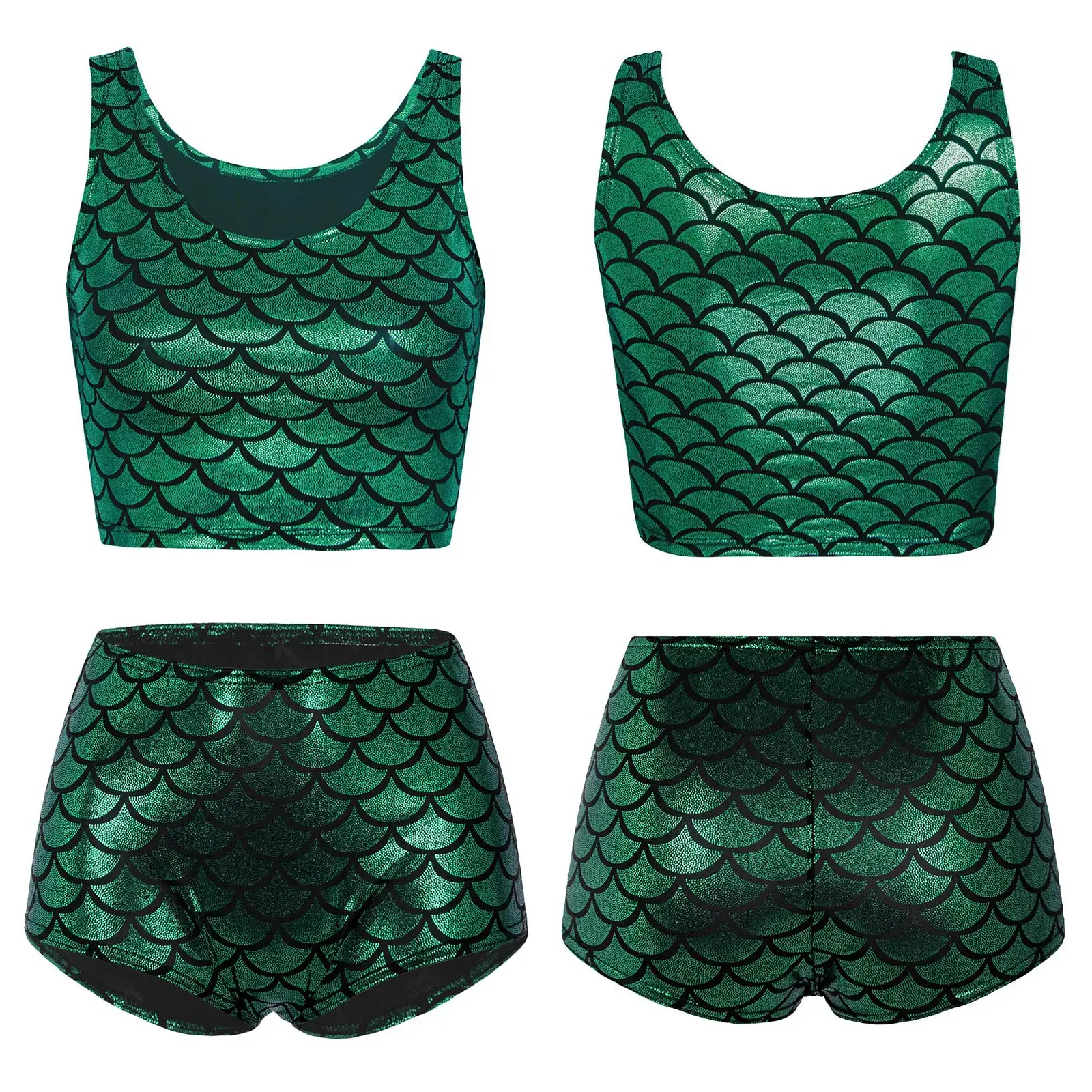 Damen Metallic Meerjungfrauen-Fischschuppen-Bikini Badeanzug Ärmelloses Crop-Top Shorts Zweiteiliger Badeanzug Strand Pool Schwimmanzug – Detail 15