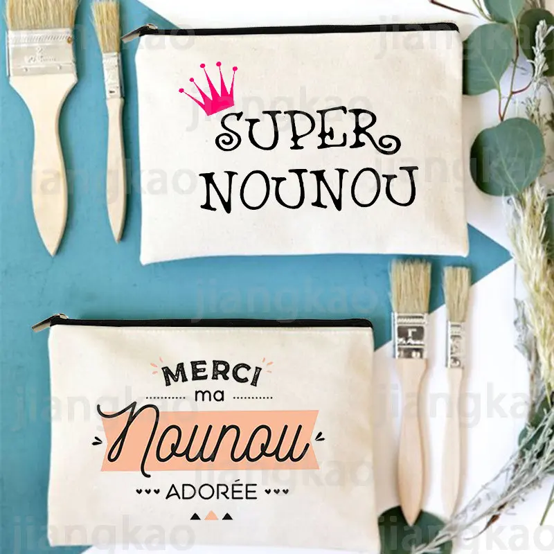 

Merci Super Nounou Print Cosmetic Bag Women Neceser Makeup Bags Canvas Zipper Pouch Travel Toiletries Organizer Gifts for Nounou