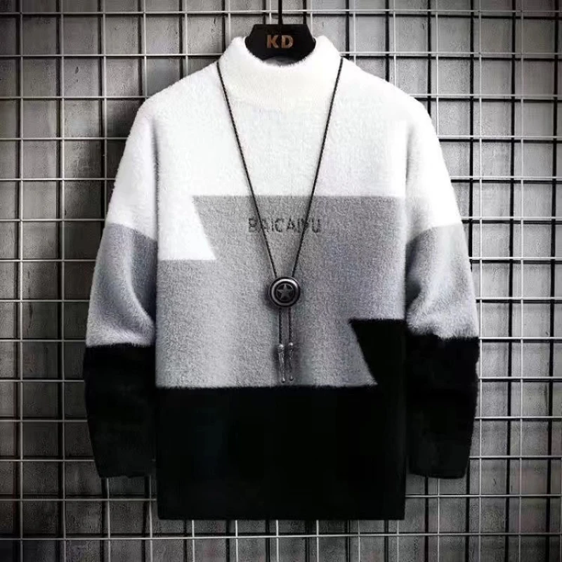 Contrast Patchwork O-neck Harajuku Pullovers Autumn Winter New Long Sleeve Loose Casual Sweaters Fashion Vintage Men Clothing 2