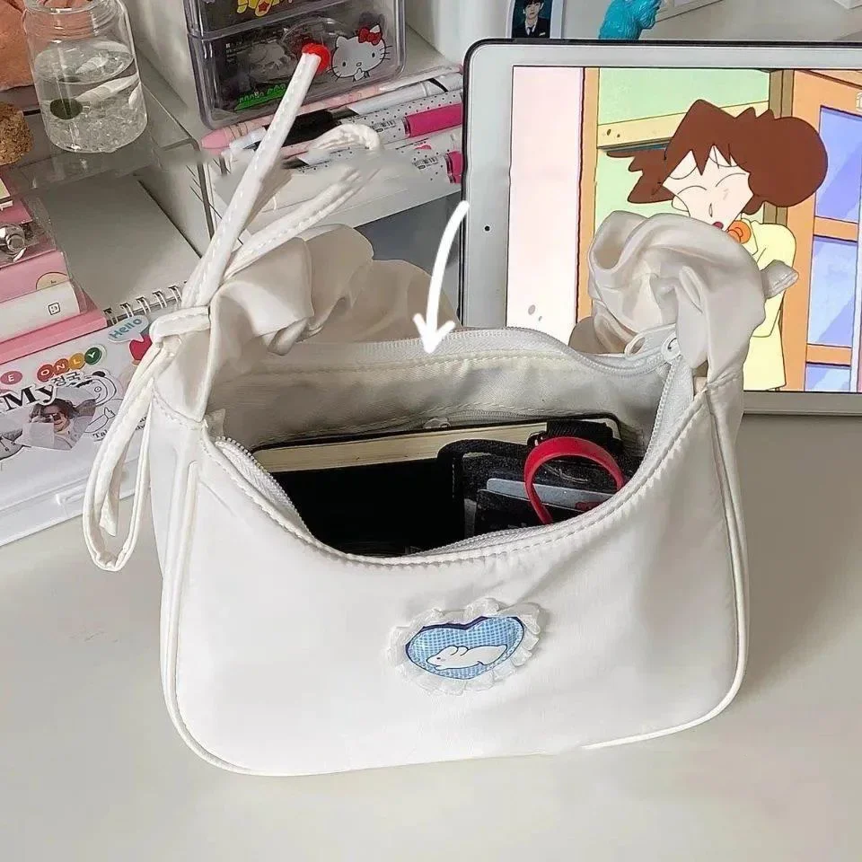 Women Shoulder Bags Nylon Cartoon Rabbit Sweet Lovely Girls All-match Pleated Strap Lace Underarm Zipper