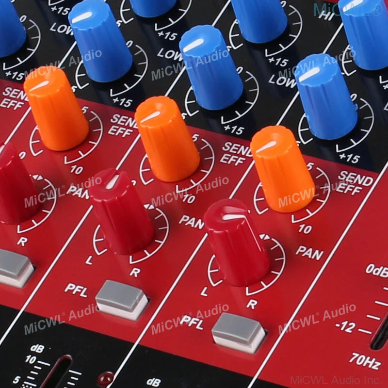 MiCWL MR600 탑 레드 컬러 6 채널 오디오 믹서, XLR 6 입력 게인, 블루투스 16 DSP USB 뮤직 폰, AUX 믹싱 콘솔 스테이지