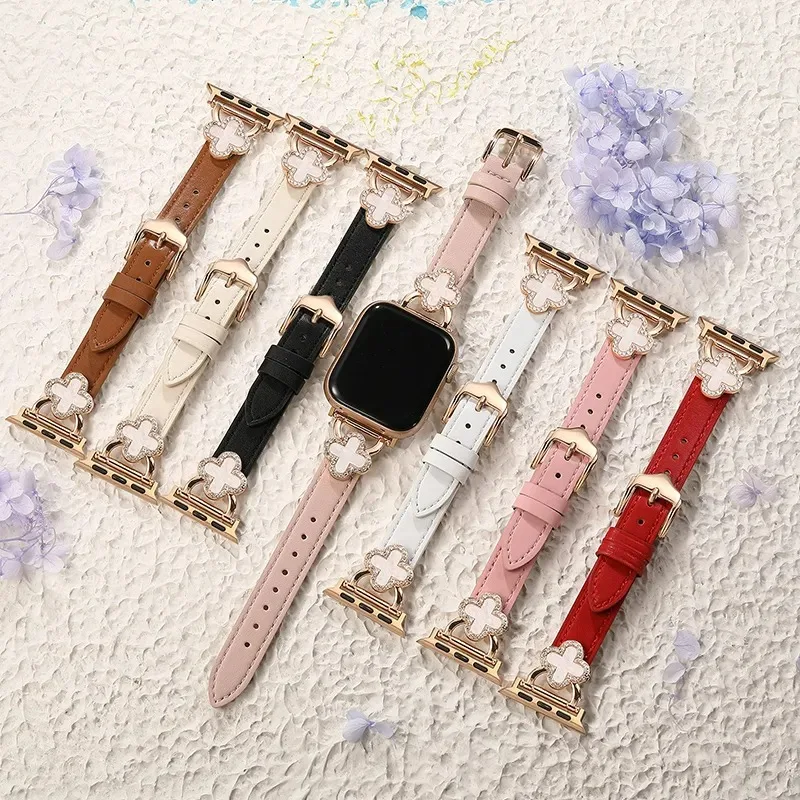 

Luxury Leather Bands for Apple Watch Ultra 9 8 7 6 5 4 3 2 1 SE Four Leaf Clover Women iwatch Bracelet 38 40 41 42 44 45 49mm