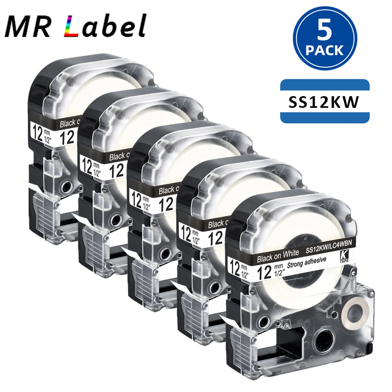 

5PK SS12KW LC-4WBN9 LK-4WBN 12MM Black on white Compatible Epson/KingJim Label Cassette For LW-300 LW-400 LW-600P