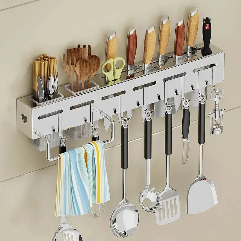 Wall mounted Knife Holder Multifunctional Storage Rack for Household Kitchens No Punching Chopsticks Tubes Integrated Storage