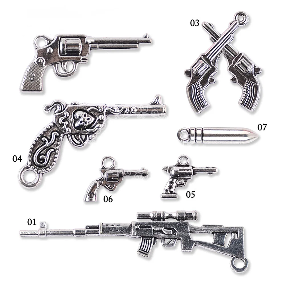 10pc Beauty Killer Alloy Nail Charms Retro Simulation Submachine Gun Pistol Bullet Ornament Silver Cool Punk