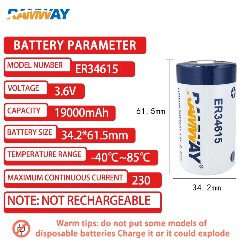 RAMWAY ER34615 D Add SM Plug 3.6V Disposable Lithium Battery Large Capacity Gas Coal Mine Flow Meter IoT Intelligent Water Meter 2