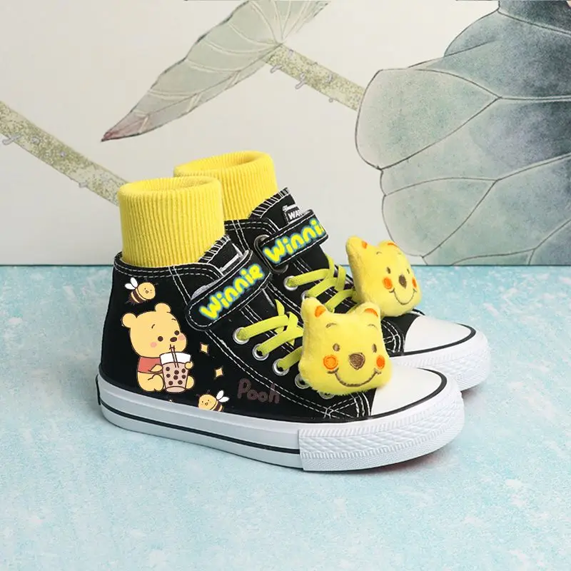 Strawberry Bear Pooh Winnie Hand-painted Canvas Shoes Spring Summer Women's Korean-style Cartoon Velcro Mid-top Graffiti Shoes