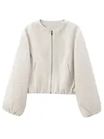 XNWMNZ 2024 Women's Fashion Autumn/Winter Soft Bomber Jacket Women Retro Round Neck Long Sleeve Elastic Hem Zipper Female Coat 1