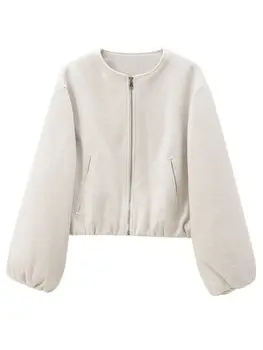 XNWMNZ 2024 Women\'s Fashion Autumn/Winter Soft Bomber Jacket Women Retro Round Neck Long Sleeve Elastic Hem Zipper Female Coat 1