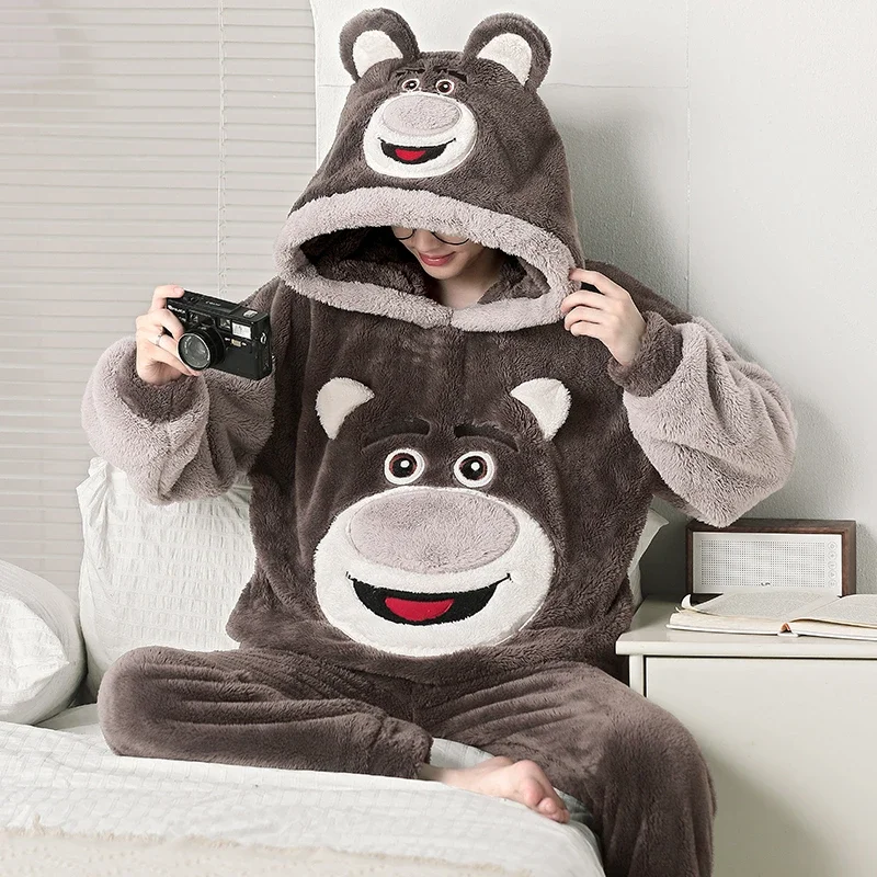 

Winter Pijama Sets For Men 2PCS Adult Korean Loose Cartoon Bear Sleepwear Hooded Pyjama Male Loungewear Thicken Soft Pijamas