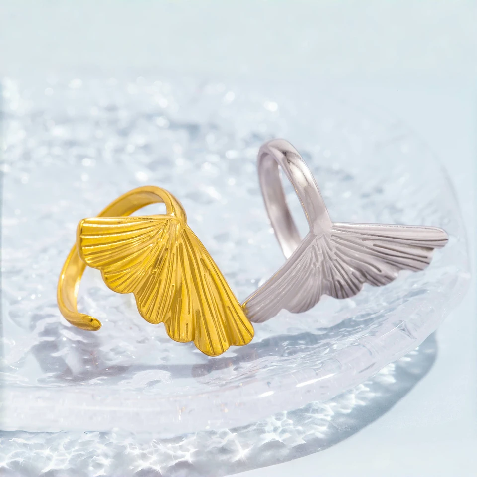 Adjustable Ginkgo Leaf Ring - Stainless Steel Double Leaf Design, Nature-Inspired Fashion Jewelry