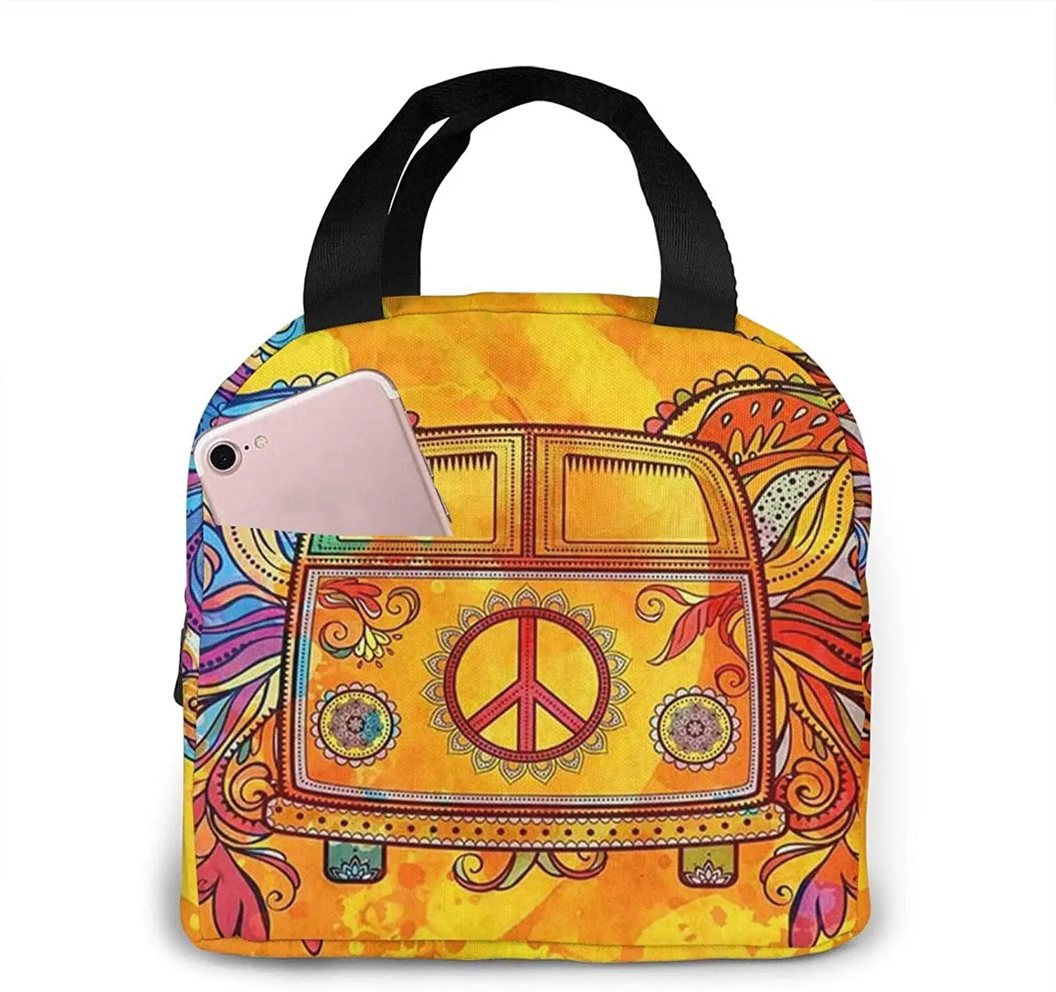 

Hippie Vintage Car a Mini Van with Peace Sign Insulated Lunch Box Reusable Cooler Tote Bag Waterproof Lunch Holder for Women