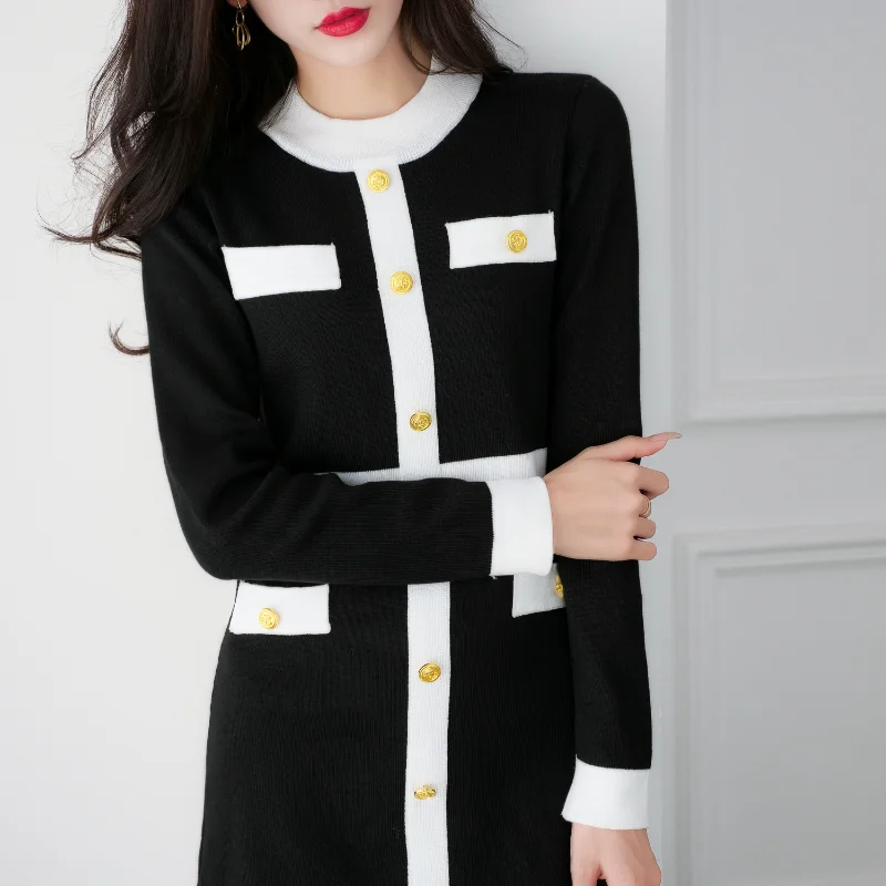

ZXRYXGS Temperament Round-neck Spell Colors Knitted Dress Women Fashion Dresses 2023 New Slim Fit Buttock Sweater Elegant Dress