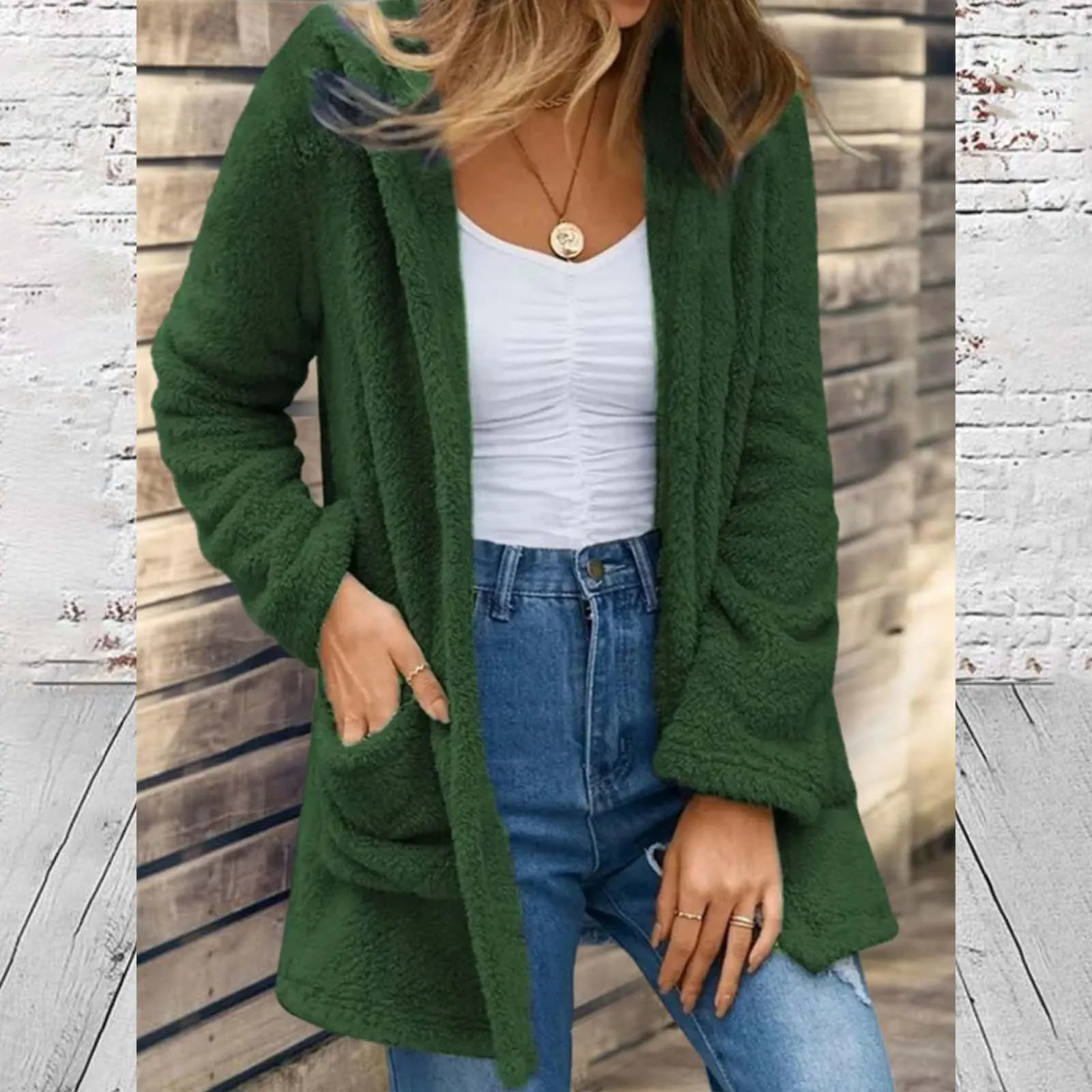 

Women's Cardigan Solid Color Fleece Cardigan Cardigan With Pockets Coat