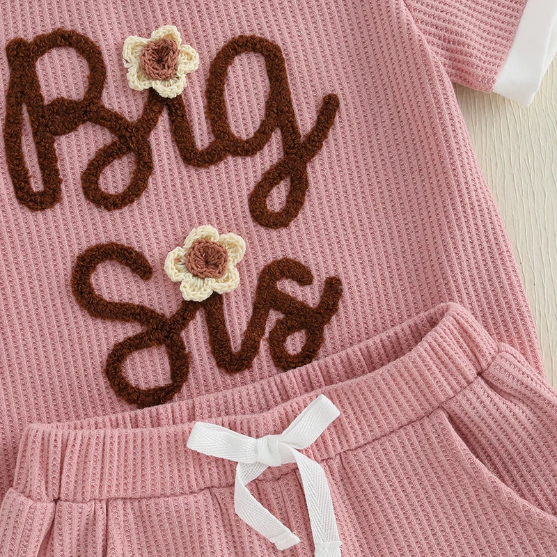 Suefunskry Sisters Matching Outfits Kids Girls Summer Set, Short Sleeve Crew Neck Letters Flower T-shirt with Shorts Outfit 5