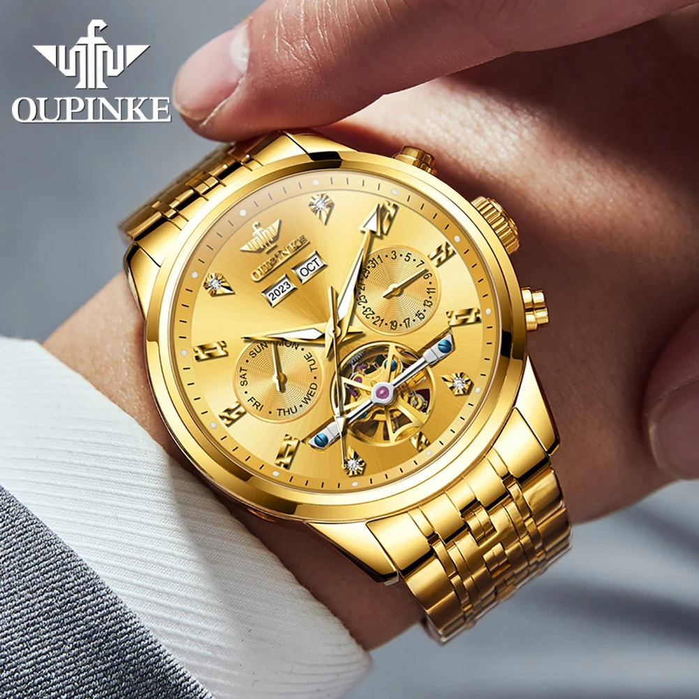 OUPINKE 3248 Skeleton Automatic Men's Watches Stainless Steel Original Luxury Multi-functional Mechanical Wrist Watches for Man