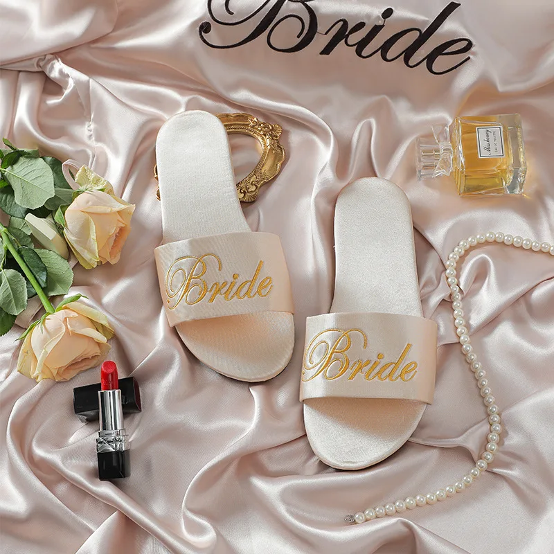 

1pairs Cheap Embroidery Text Satin Slippers For Wedding Bridal Bachelorette Party Proposal Gifts
