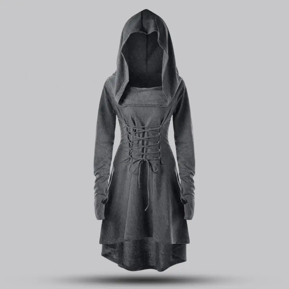 Women Cosplay Dress Gothic Lace-up Strap Hooded Long Sleeves Theme Parties Role-Playing Festival Halloween Midi Dress