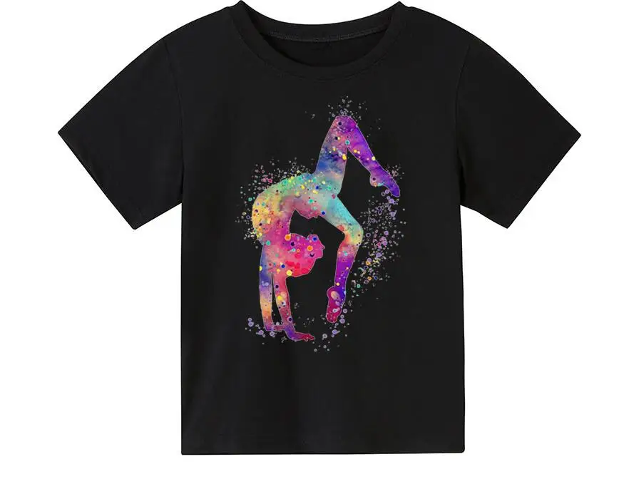 

Watercolor Gymnastic Girl Print New Children's T-Shirts Kids Black Tshirt GYM Excercise Sport Lover Birthday Gift Custom T Shirt