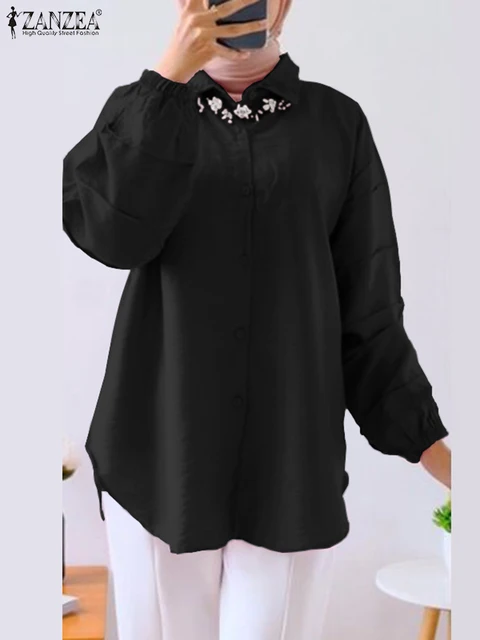 ZANZEA Muslim Hijab Blouse Islamic Clothing Women Long Sleeve Lapel Neck Shirt Turkey Tops Loose Ramadan Abaya Dubai Kaftan 4