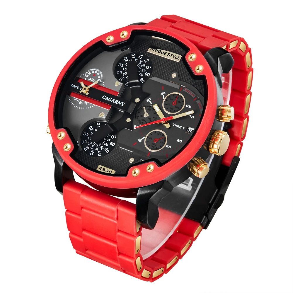 

Красные мужские часы Cagarny с большим 3D циферблатом, роскошные мужские наручные часы с силиконовым стальным ремешком, повседневные кварцевые часы, мужские часы