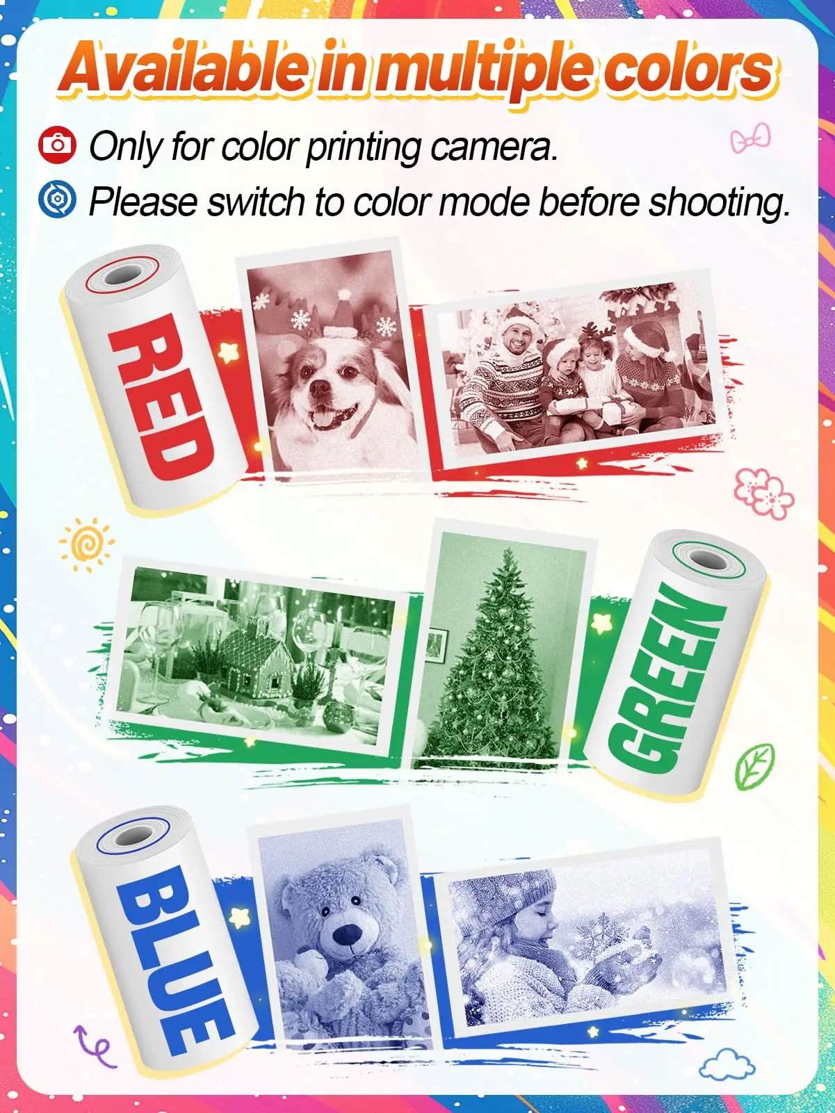 Kids Camera Thermal Paper White-Based Colors HD Photo Printer Paper for Ages 4-10 Boys & Girls Instant Print Christmas Gift