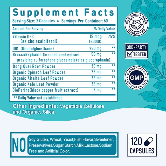 9130-872741.jpg DIM Supplement Complex - 250 mg, Black Pepper, Vitamin D3, Organic Alfalfa & Broccoli Female Hormone Balance, 120 Capsules