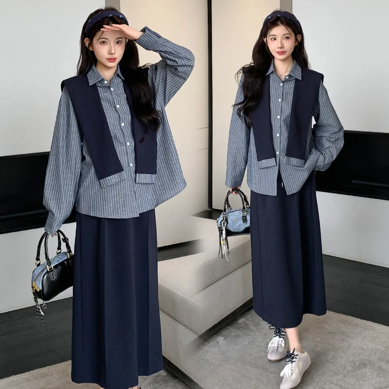 임산부 가을 긴팔 스트라이프 셔츠와 숄, 스커트 3피스 세트 루즈 캐주얼 패션 한국 스타일 레이지 바이브
