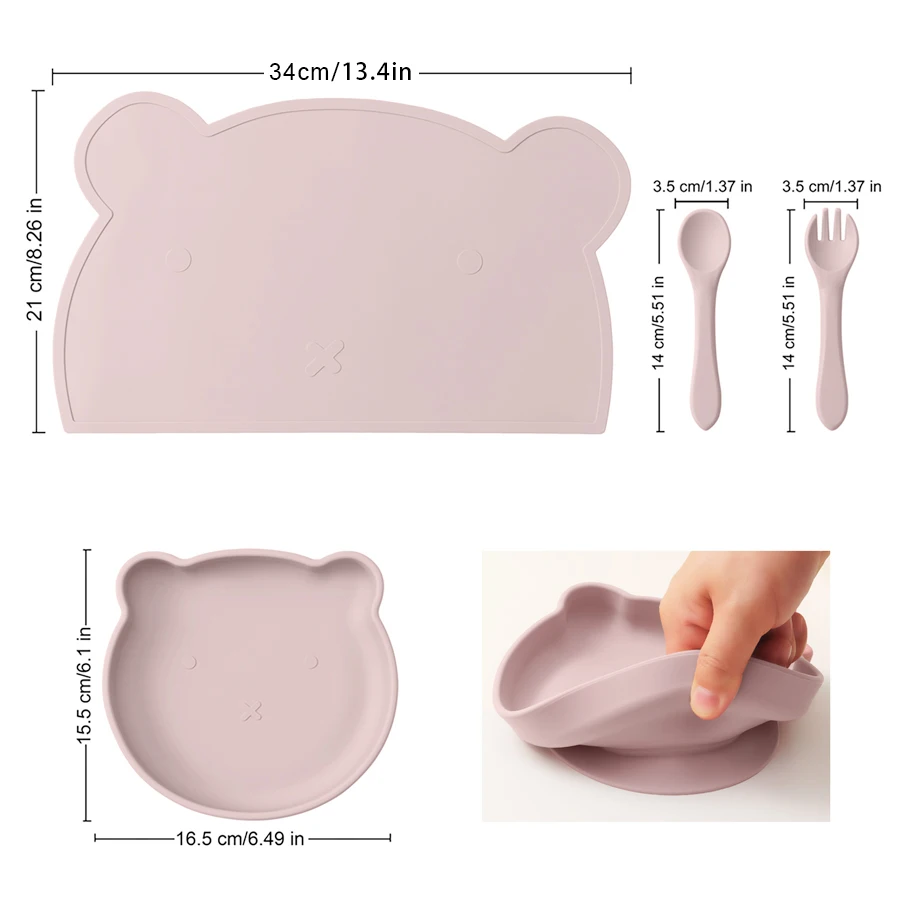4PCS Baby Silicone Dishes Set Waterproof Placemat Suction Cartoon Bear Plate Soft Fork Spoon Feeding Learning Baby Stuff 6