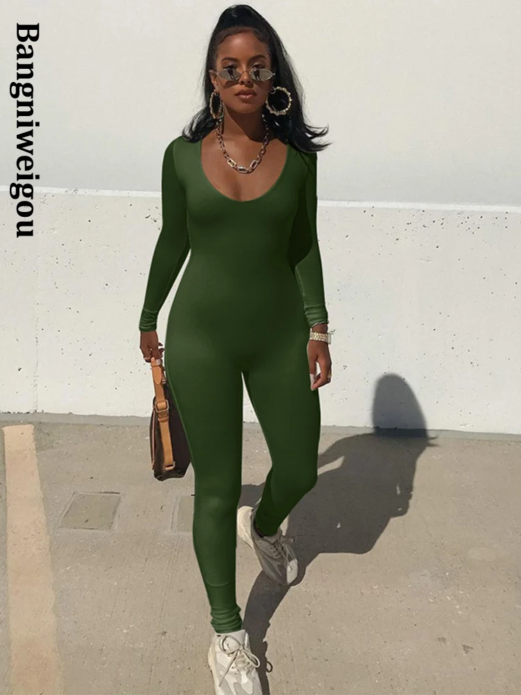 

Bangniweigou Crew Neck Solid Color Bodycon Jumpsuits Women Autumn Winter Cozy Long Sleeve Stretchy Sporty Jump Suit Overalls