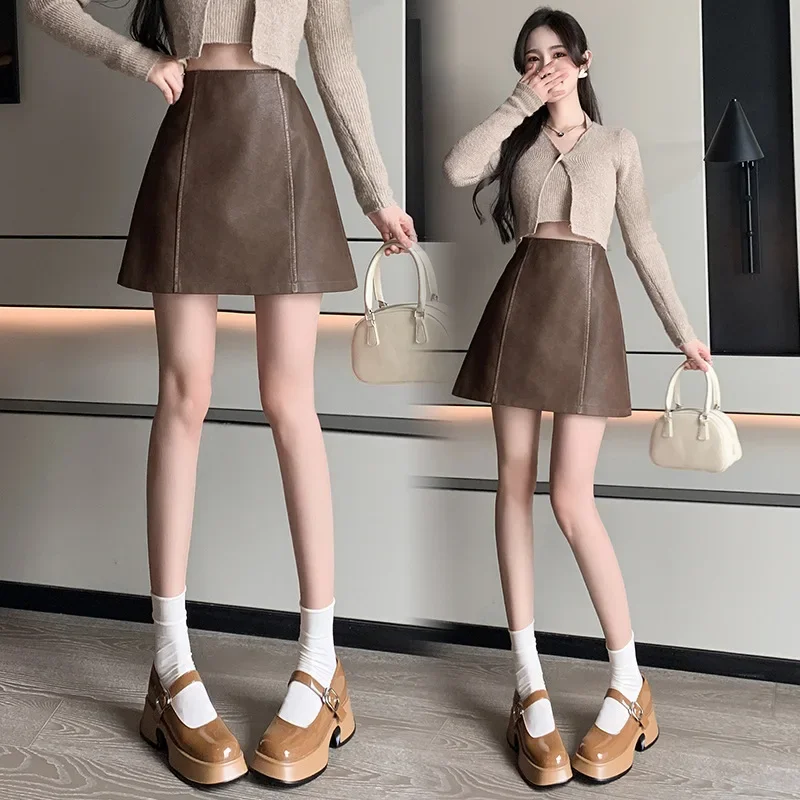 

2023 Autumn/Winter New PU Wrap Hip High Waist A-line Short Skirt skirt set váy hàn quốc goth skirt