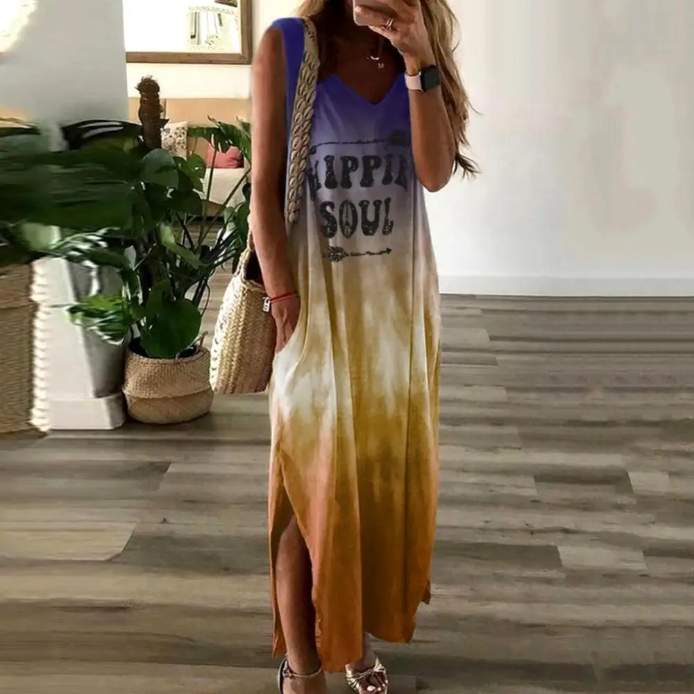 

Sleeveless Dresses for Women 2023 Sexy Boho V Neck Gradient Color HIPPIE SOUL Pockets Long Loose Dress Summer Beach Dress