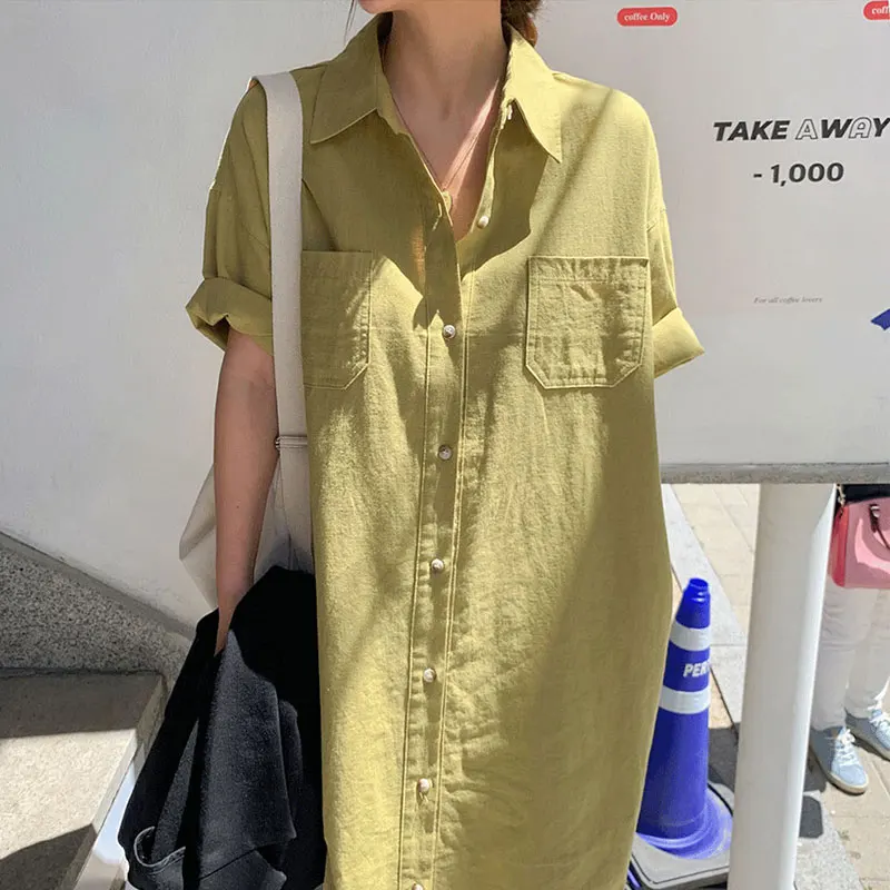 WDMSNA Korean Chic Summer Simple Robe Lapel Single-breasted Vestidos Pocket Loose Solid Color Short Sleeve Shirt Dress Women |