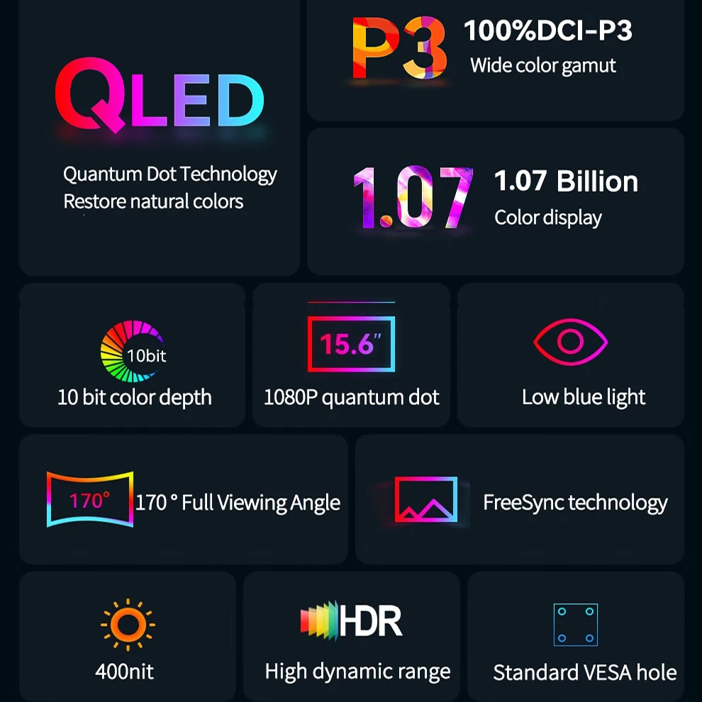 PC Mac Xbox PS4/5 ġ QLED 100% DCI-P3 ޴ , 1080P 1.07  ÷ 400Nit IPS ÷  ȭ, 15.6 ġ