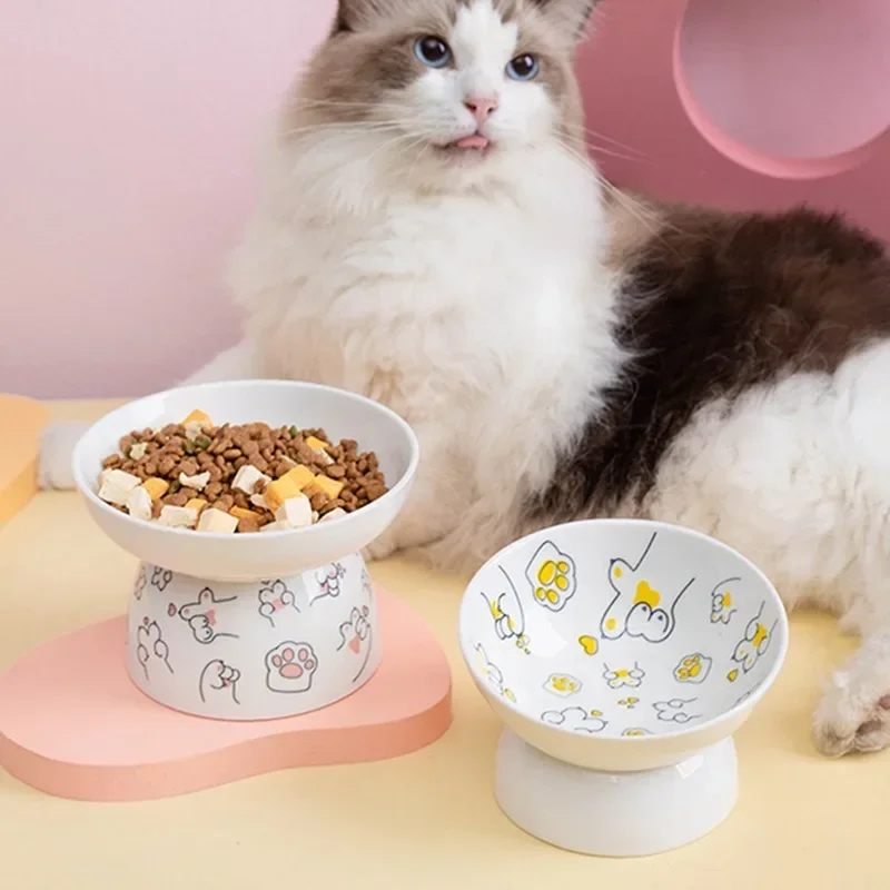고양이 그릇 세라믹 고양이 음식은 자궁 경부 척추를 보호합니다 비스듬한 오프닝 애완 동물 높은 발 그릇 고양이 음식 물 그릇 개
