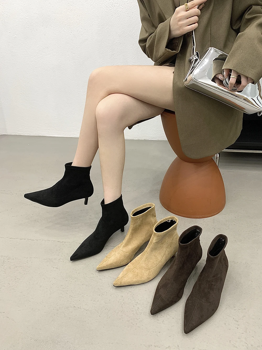 여성용 발목 부츠 양말 부티 스웨이드 스트레치 슈즈, 블랙 베이지 다크 브라운 슬립온, 얇은 미드 힐, 짧은 부티, 가을 겨울, 35-39