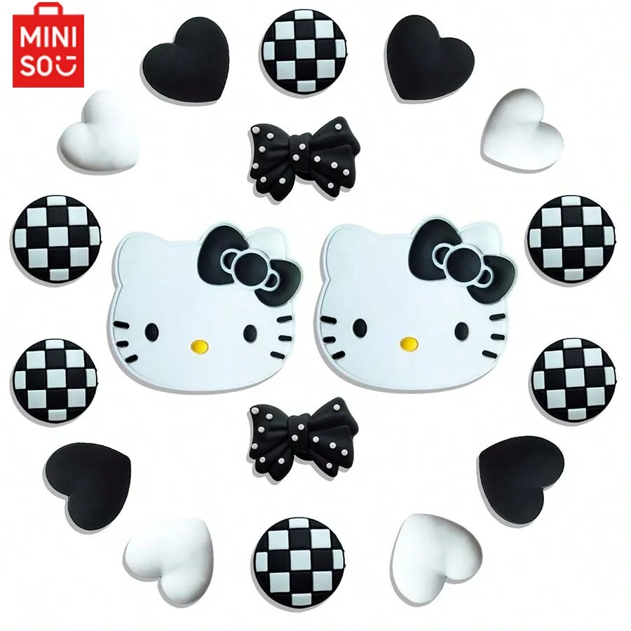 18pcs Black & White Kitty Shoe Charms Set for Clogs Bag Bubble Slides Sandals PVC Shoe Decorations Beach Bag Accessories