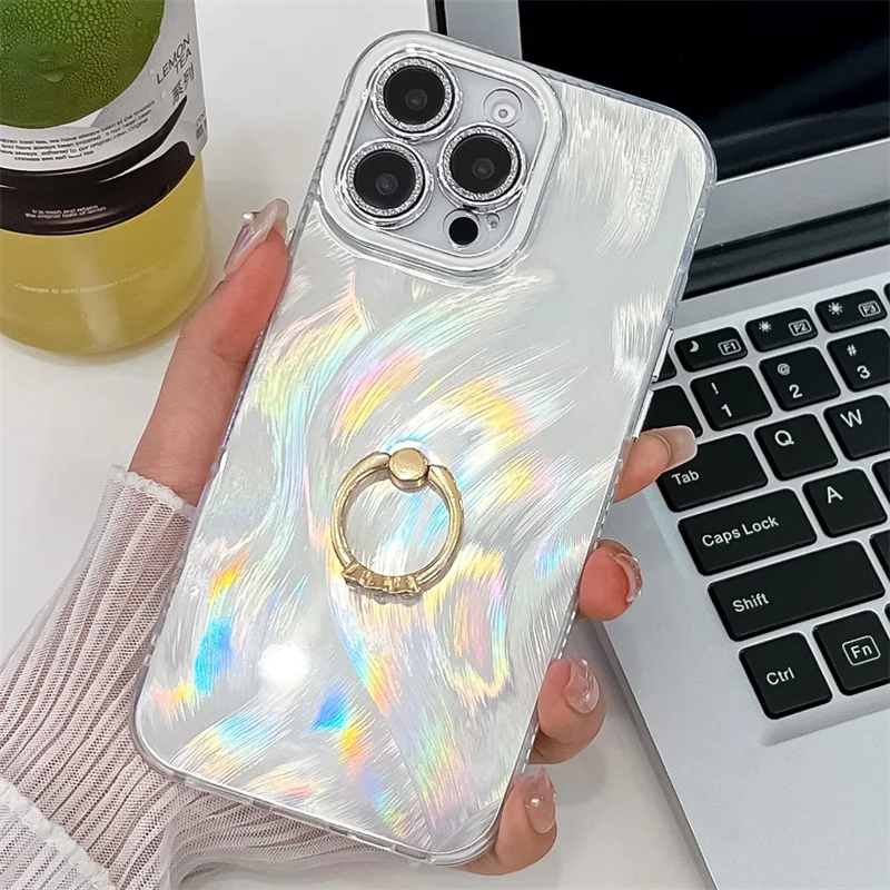 Coque de téléphone Camlet Feather Ring Holder Laser pour iPhone 16 Plus 15 14 13 Pro Max Hard PC Glitter Camera Protection Back Cover_voghion.com