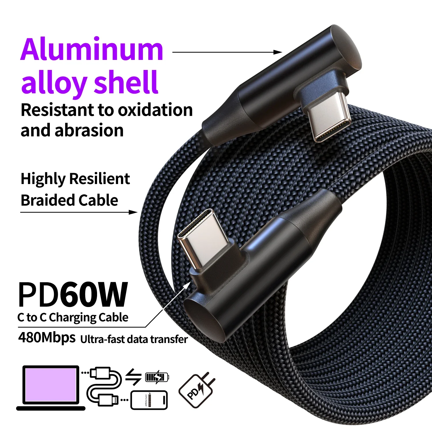 Ultra-Durable 60W USB-C Fast Charging Cable with 90° Angled Design, Nylon Braided, Multiple Length Options