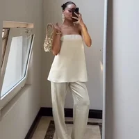HXAO Satin Pant Sets Women's Two Pieces Set Strapless Off Shoulder Tube Vest 2 Piece Sets Woman Outfit High Waist Trousers Sets - Image 4