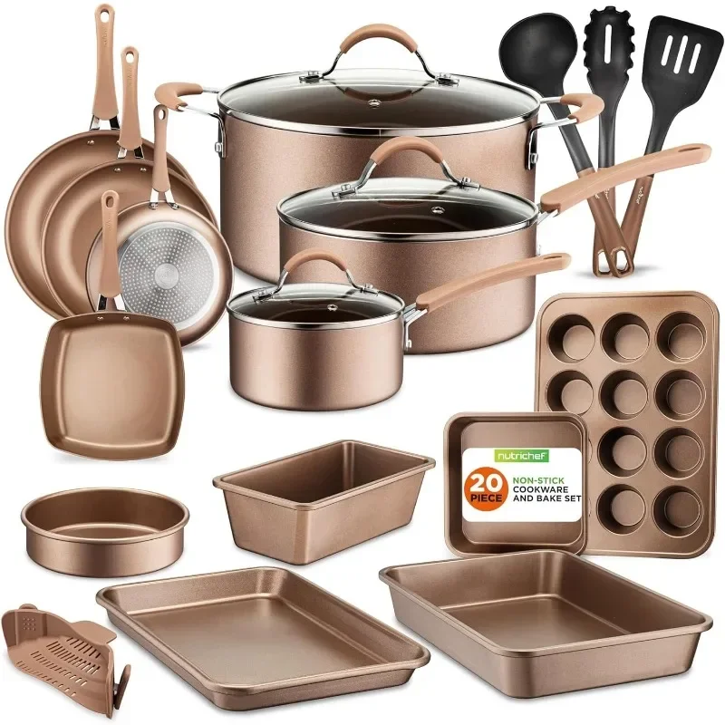 

20-Piece Nonstick Kitchen Cookware Set PTFE/PFOA/PFOS-Free Heat Resistant Lacquer Ware Pots Baking Pan Set W/ Saucepan US