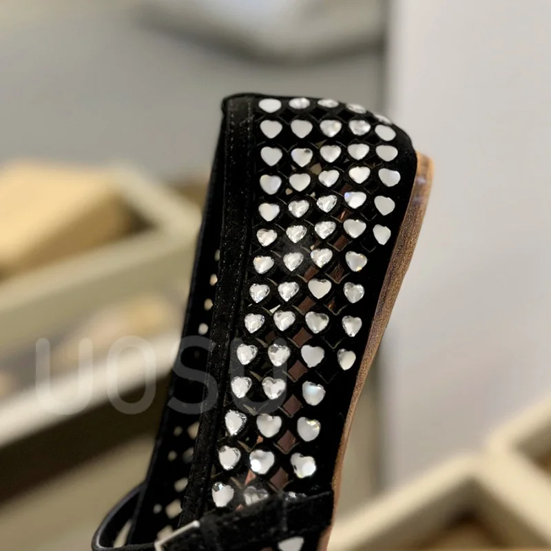 Luxury Women's Flats Designer Mesh Hollowed Out Heart Crystal Shallow Banquet Women's Shoes Square Toe Ballet Shoes Dresses
