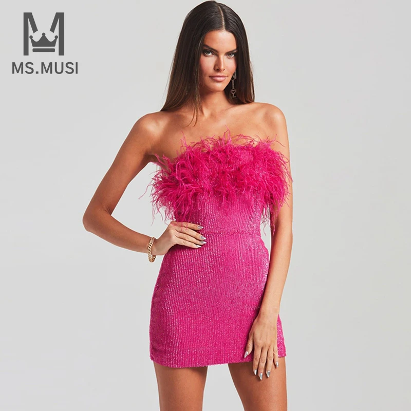 

Новинка 2024, модное женское сексуальное розовое платье MSMUSI без бретелек, с блестками и перьями, без рукавов, с открытой спиной, облегающее мини-платье для вечеринки