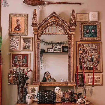 Vintage Decoration Mirror Wall Full Body Hanging Aesthetic Bedroom Mirror Gold Luxury Big Wooden Garden Espelhos Home Products