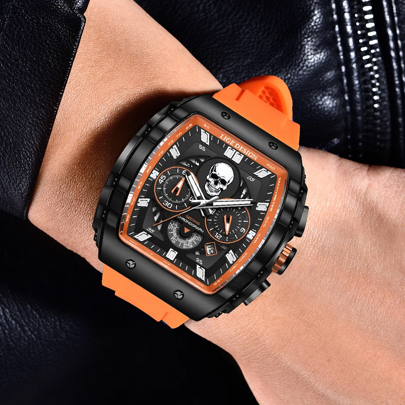 LIGE Fashion Silicone Men\'s Watches Skeleton Skull Big Dial Military Watch Men Chronograph Quartz Wrist Watch for Men Date Clock