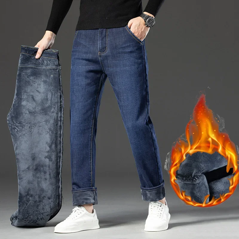 All-match Retro Denim Trousers Winter High Quality Men's Warm Slim Fit Jeans Thicken Fleece Stretch Business Brand Pants 28-40 2