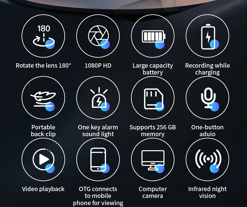 מצלמה עם אודיו וידאו הקלטה 180 ° עדשה מסתובבת, hd 1080p, 6 שעות סוללה