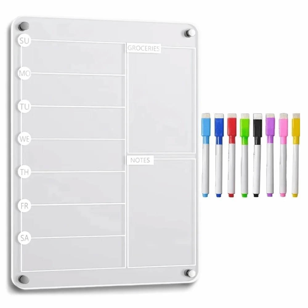 Magnetic Acrylic Weekly Planner with 8 Markers - Transparent, Reusable, Frameless Design