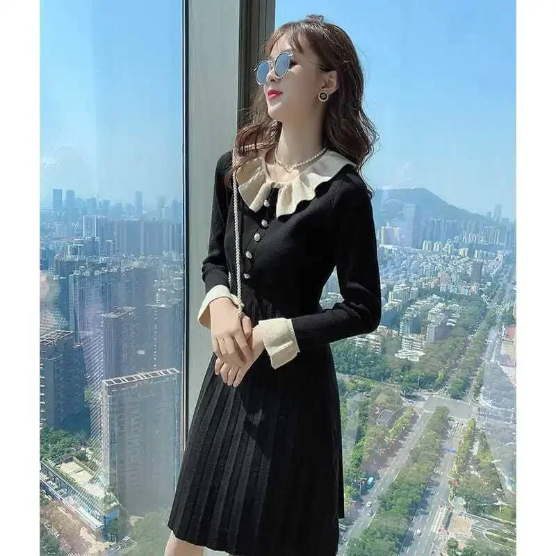 

Autumn Winter New Patchwork Button Knitting Dress Women Elegant Fashion Harajuku Vestidos De Fiesta Casual All Match Party Dress